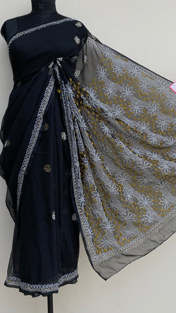 Lucknowi Chikankari Saree Black Georgette