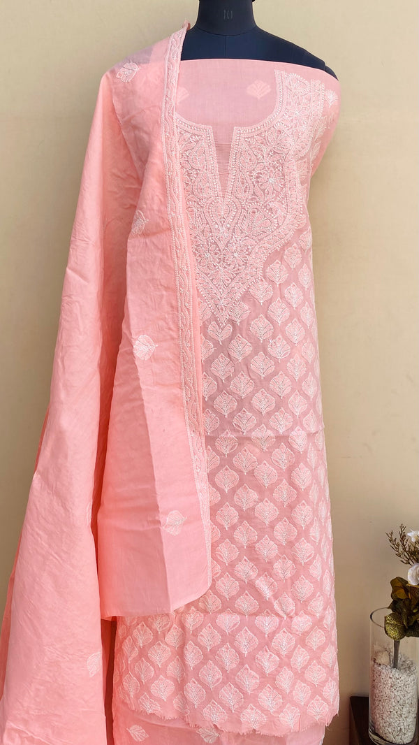 Lucknowi Chikankari Suit Length 3 Piece Peach Cotton With Embroidered Cotton Dupatta