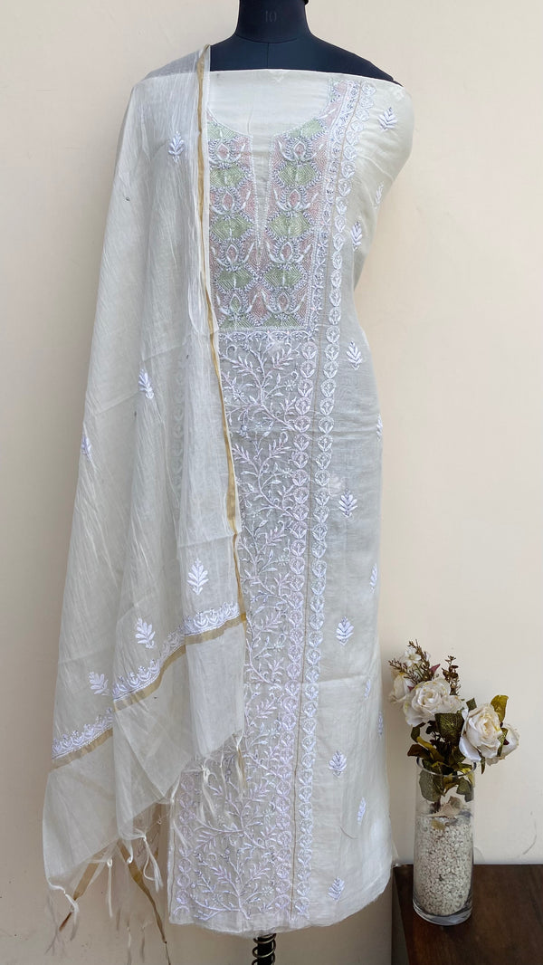 Lucknowi Chikankari Suit Length 2 Piece Off White Mal Chanderi With Cutdana & Sequence Work