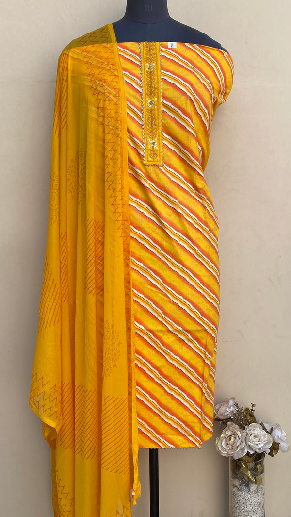 Designer Embroidered Suit Length 3 Piece Yellow Mal Cotton With Pearl Work