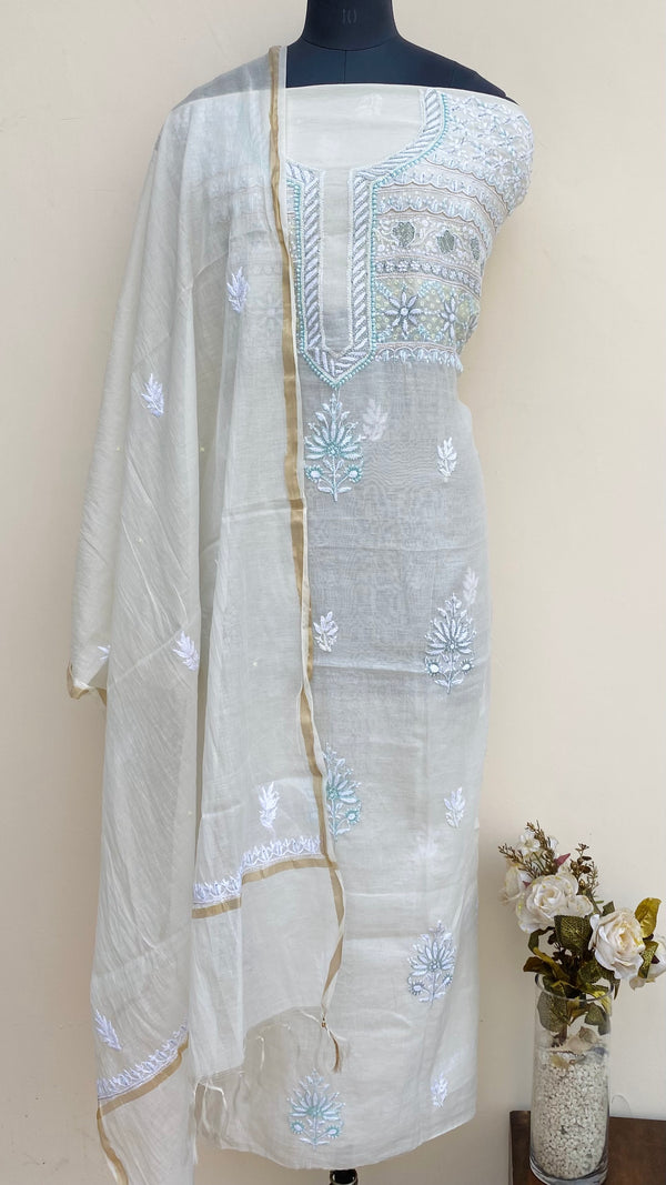 Lucknowi Chikankari Suit Length 2 Piece Off White Mal Chanderi With Cutdana & Sequence Work