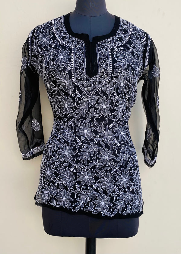 Lucknowi Chikankari Short Kurti Black Georgette