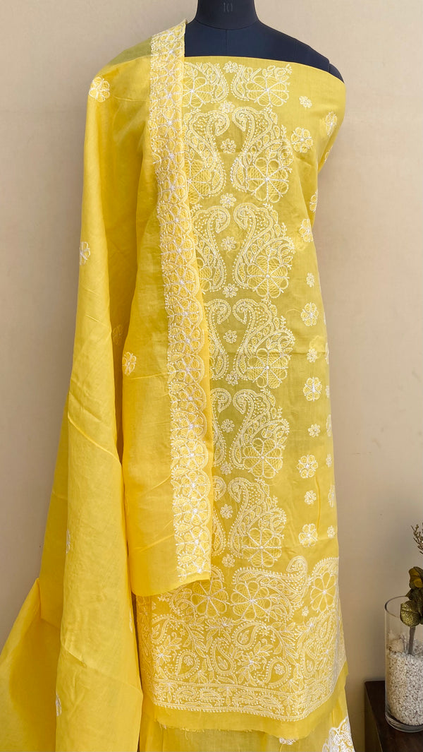 Lucknowi Chikankari Suit Length 3 Piece Yellow Cotton With Embroidered Cotton Dupatta