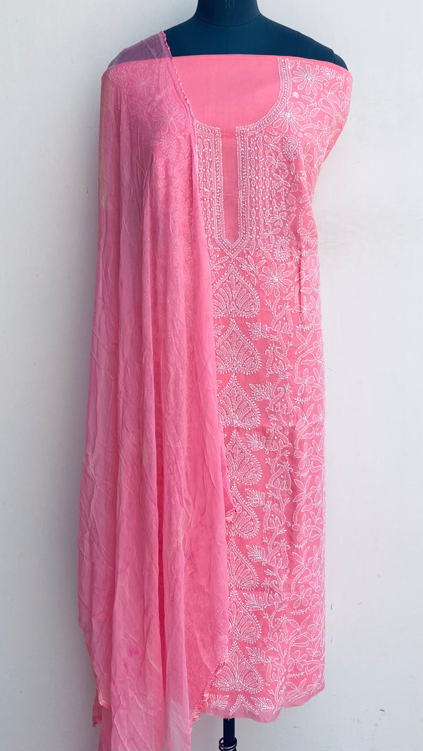 Lucknowi Chikankari Suit Length 3 Piece Pink Cotton