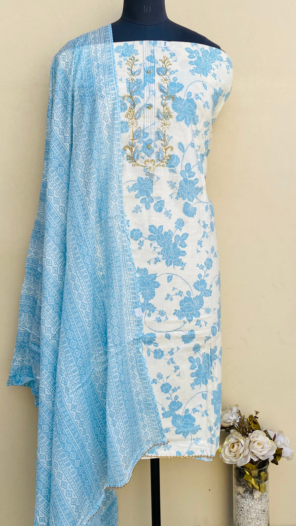 Designer Embroidered Suit Length 3 Piece Blue Mal Cotton