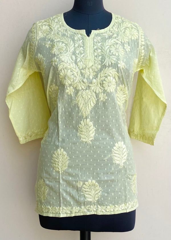 Lucknowi Chikankari Short Kurti Lemon Yellow Mulmul Cotton With Self Work