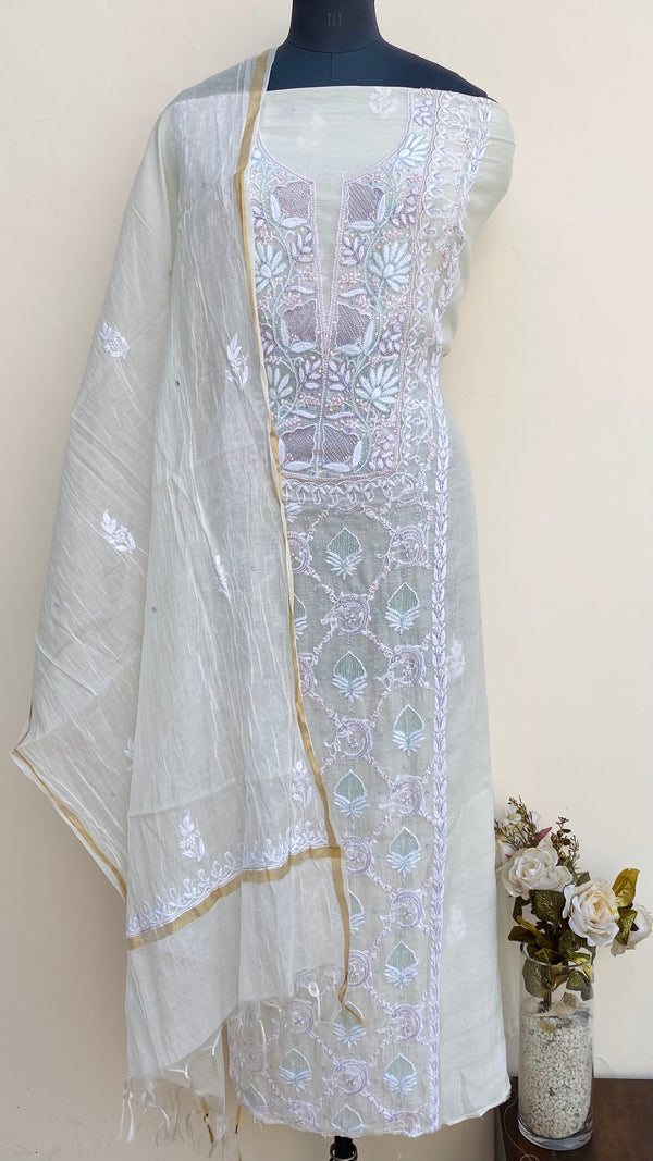 Lucknowi Chikankari Suit Length 2 Piece Off White Mal Chanderi With Cutdana & Sequence Work