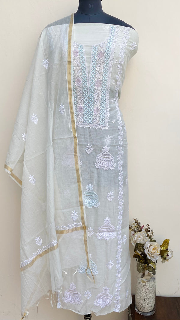 Lucknowi Chikankari Suit Length 2 Piece Off White Mal Chanderi With Cutdana & Sequence Work