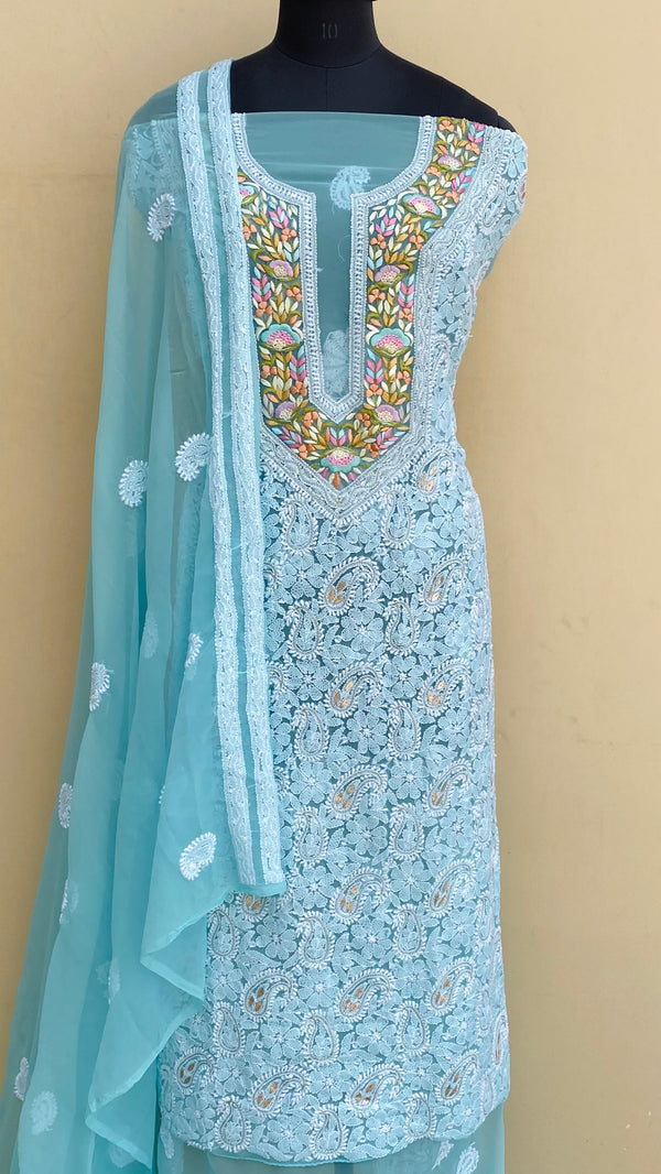 Lucknowi Chikankari Suit Length 3 Piece Sea Green Georgette With Parsi & Gotta Patti Work