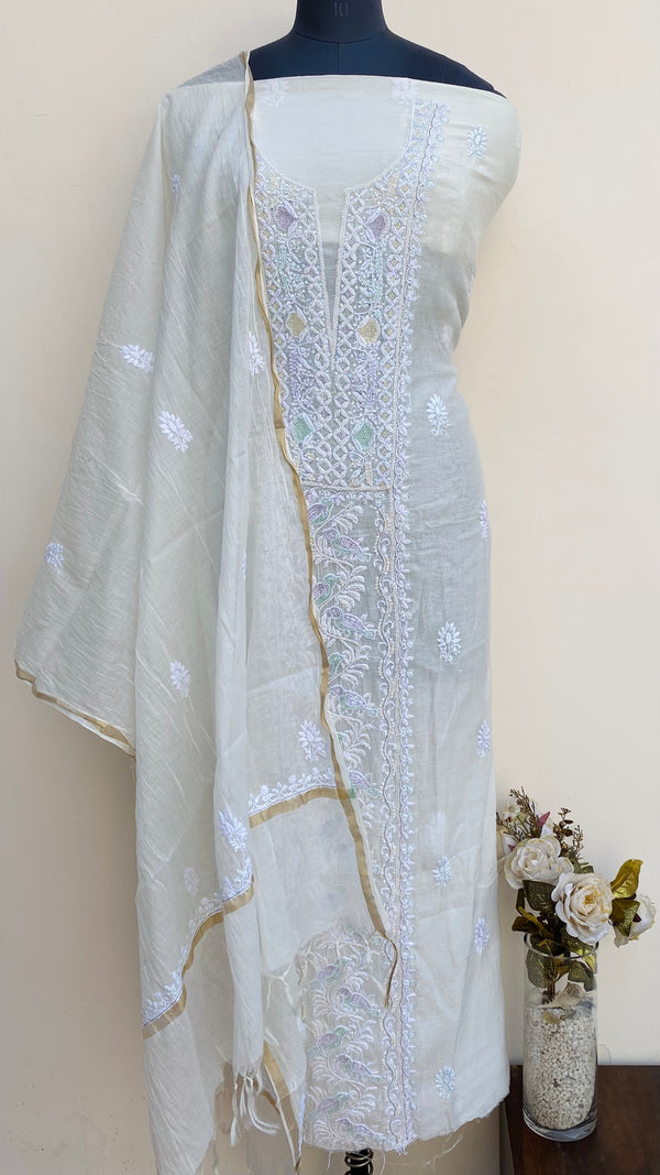 Lucknowi Chikankari Suit Length 2 Piece Off White Mal Chanderi With Cutdana & Sequence Work