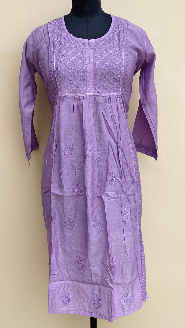 Lucknowi Chikankari Kurti Purple Mal Chanderi With Self & 3D Work