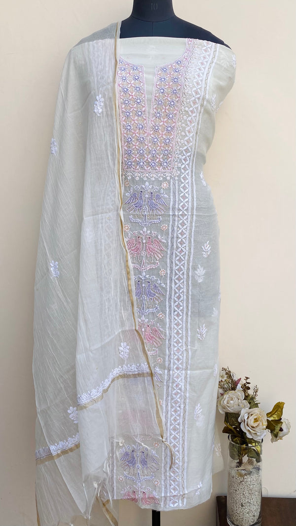 Lucknowi Chikankari Suit Length 2 Piece Off White Mal Chanderi With Cutdana & Sequence Work