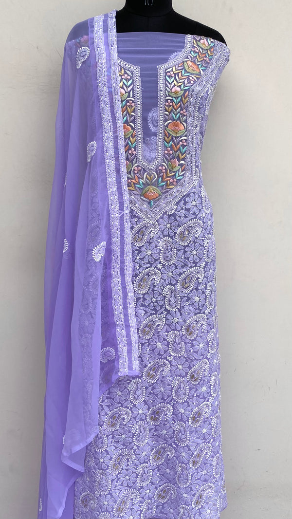 Lucknowi Chikankari Suit Length 3 Piece Purple Georgette With Parsi & Gotta Patti Work