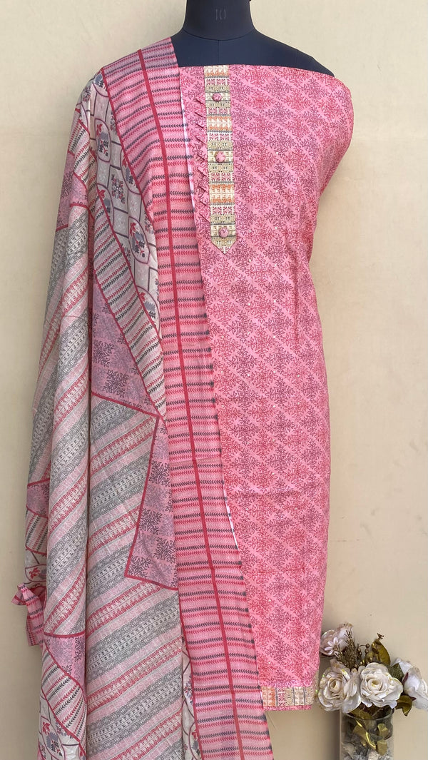 Designer Embroidered Suit Length 3 Piece Pink Mal Cotton