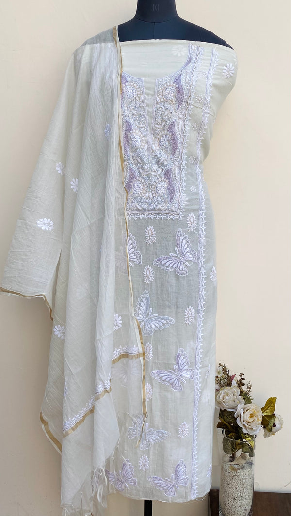 Lucknowi Chikankari Suit Length 2 Piece Off White Mal Chanderi With Cutdana & Sequence Work