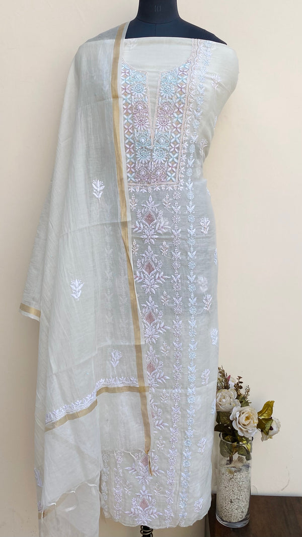 Lucknowi Chikankari Suit Length 2 Piece Off White Mal Chanderi With Cutdana & Sequence Work