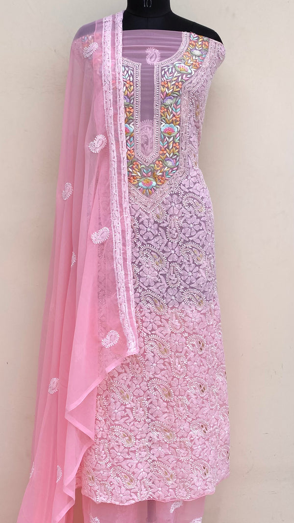 Lucknowi Chikankari Suit Length 3 Piece Gajri Georgette With Parsi & Gotta Patti Work