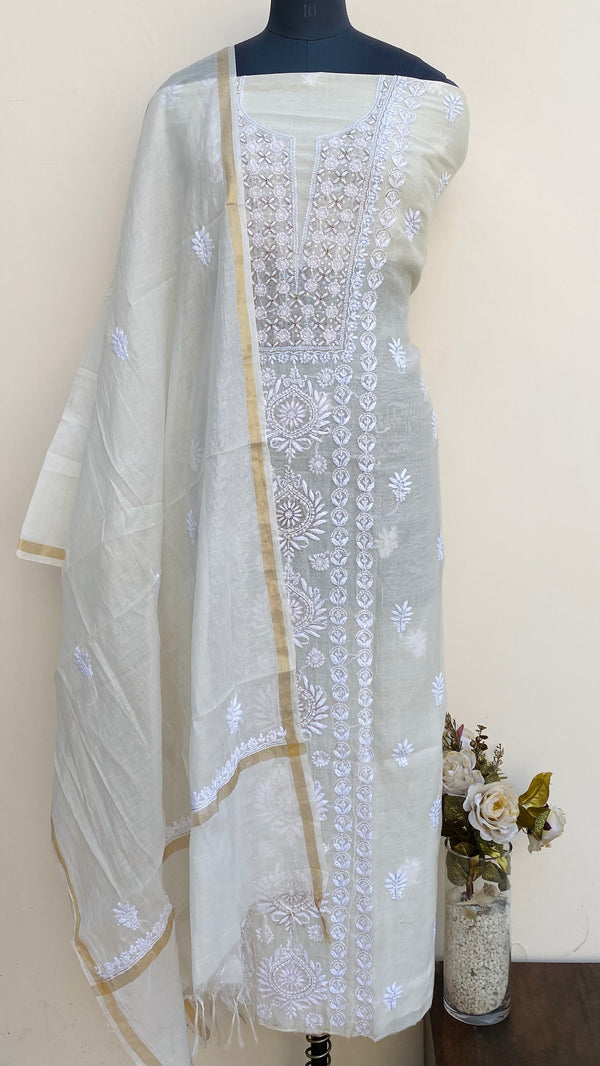 Lucknowi Chikankari Suit Length 2 Piece Off White Mal Chanderi With Cutdana & Sequence Work