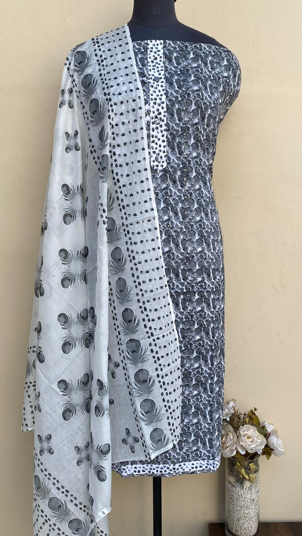 Designer Embroidered Suit Length 3 Piece Gray Mal Cotton With Mal Cotton