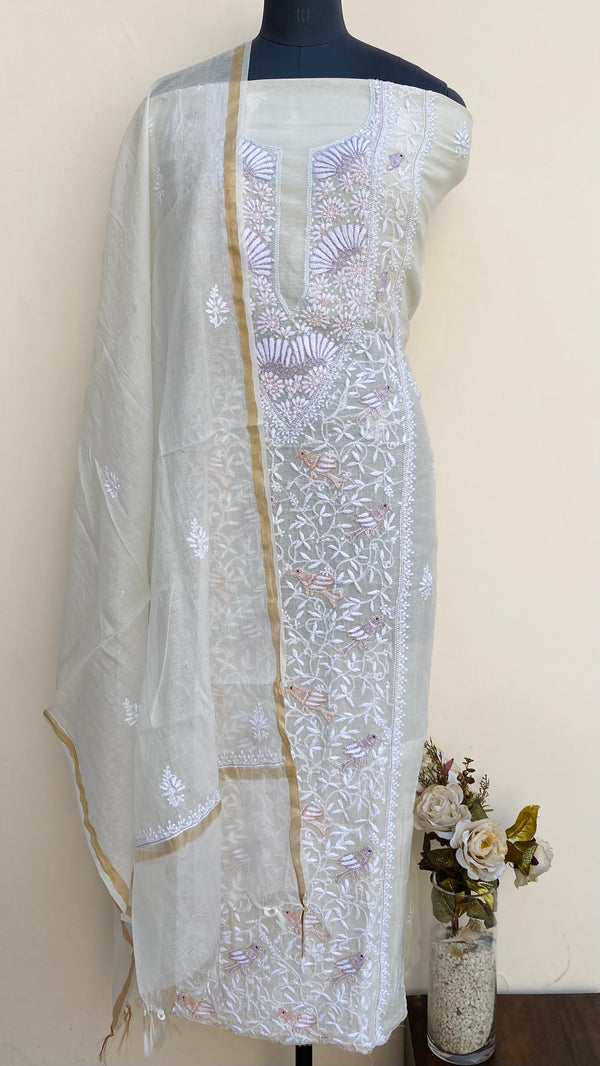 Lucknowi Chikankari Suit Length 2 Piece Off White Mal Chanderi With Cutdana & Sequence Work