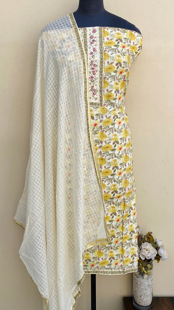 Designer Embroidered Suit Length 3 Piece Yellow Mal Cotton With Cutdana Work