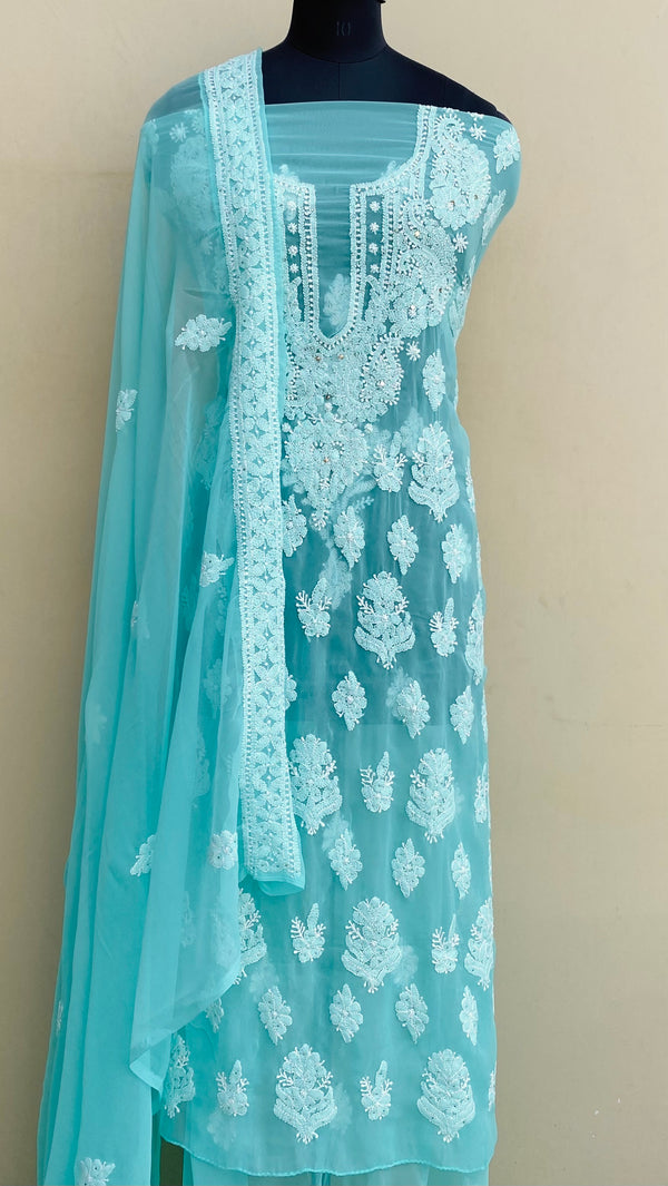 Lucknowi Chikankari Suit Length 3 Piece Sea Green Georgette With Mukaish Work