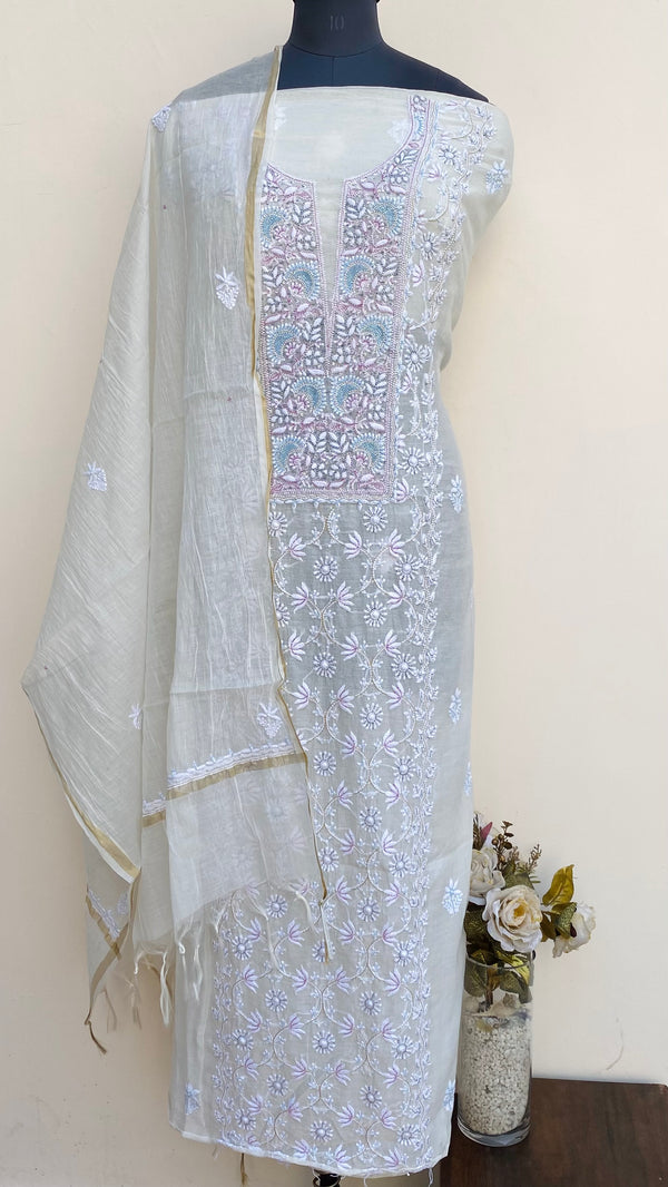 Lucknowi Chikankari Suit Length 2 Piece Off White Mal Chanderi With Cutdana & Sequence Work