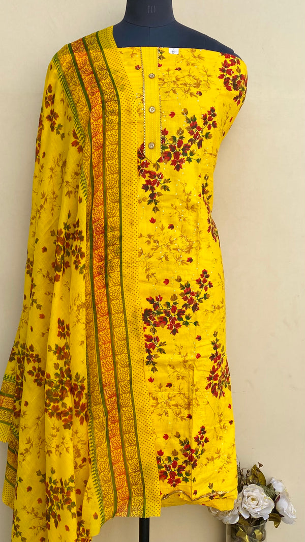 Designer Embroidered Suit Length 3 Piece Yellow Mal Cotton