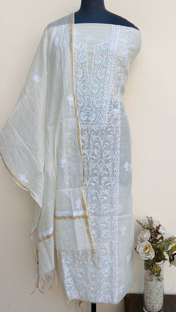 Lucknowi Chikankari Suit Length 2 Piece Off White Mal Chanderi With Cutdana & Sequence Work