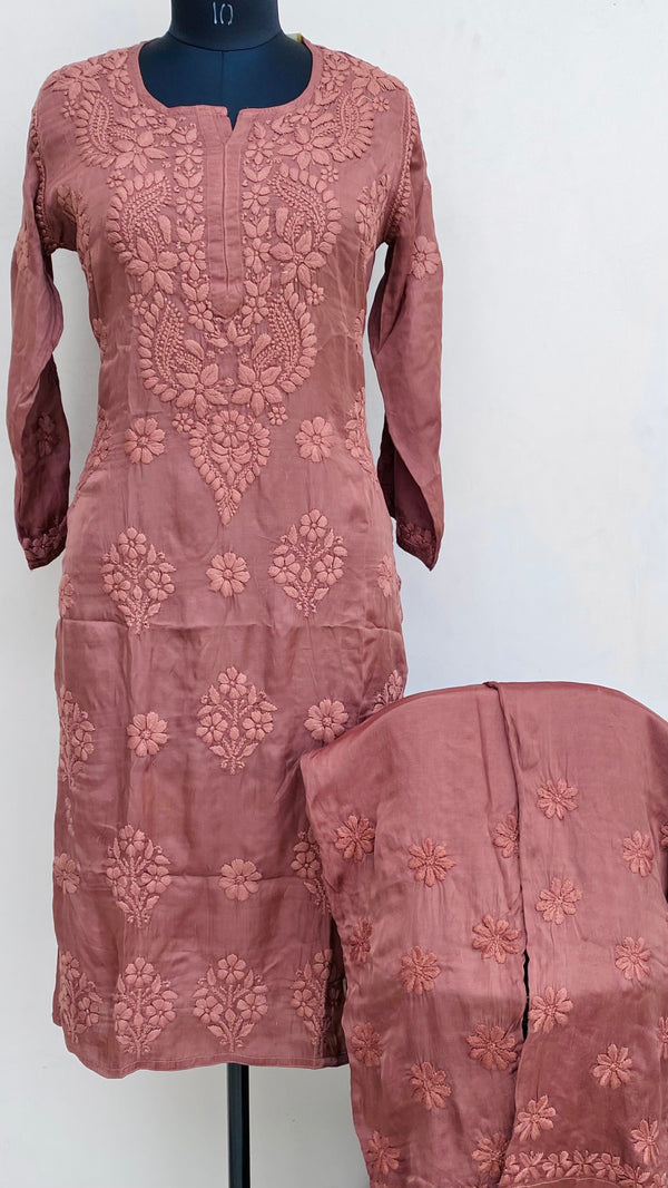 Lucknowi Chikankari Co-ord Set Brown Muslin Cotton With Self 3D & Mukaish Work