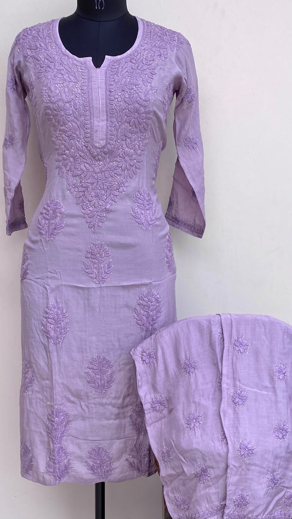 Lucknowi Chikankari Co-ord Set Purple Muslin Cotton With Self 3D & Mukaish Work
