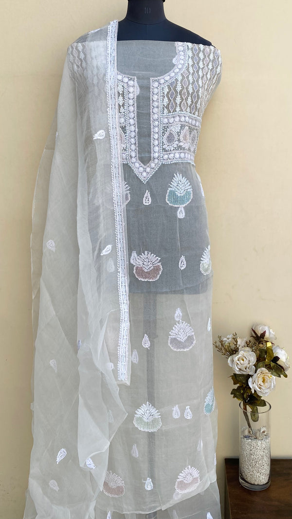 Lucknowi Chikankari Suit Length 2 Piece White Organza With Cutdana & Sequence Work