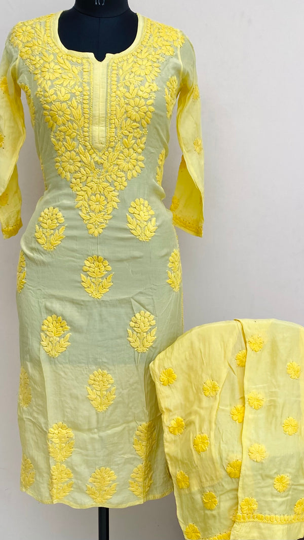 Lucknowi Chikankari Co-ord Set Yellow Muslin Cotton With Self 3D & Mukaish Work