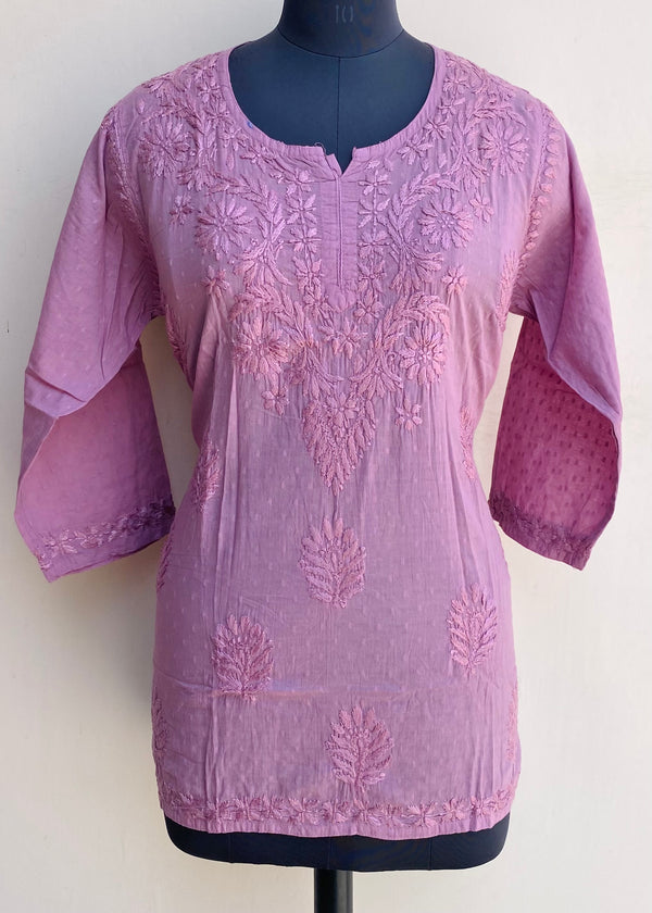 Lucknowi Chikankari Short Kurti Onion Pink Mulmul Cotton With Self Work