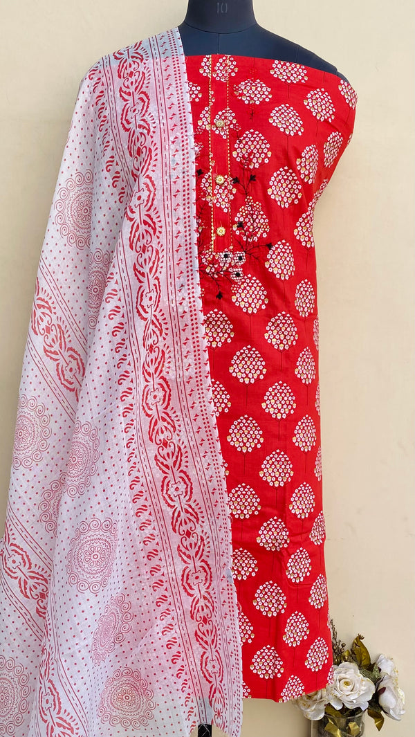 Designer Embroidered Suit Length 3 Piece Red Mal Cotton