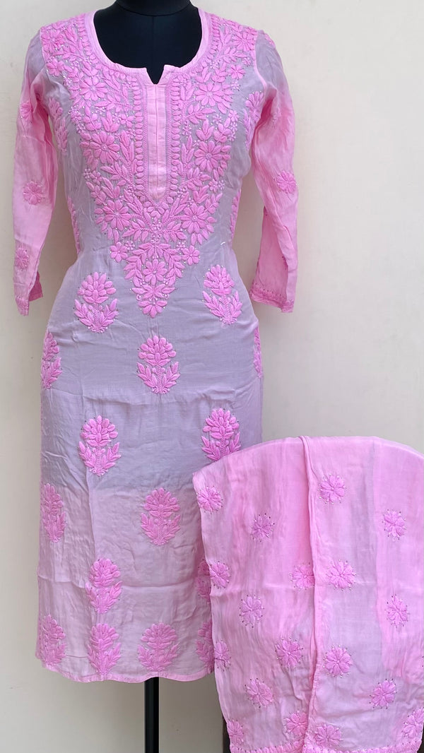 Lucknowi Chikankari Co-ord Set Pink Muslin Cotton With Self 3D & Mukaish Work