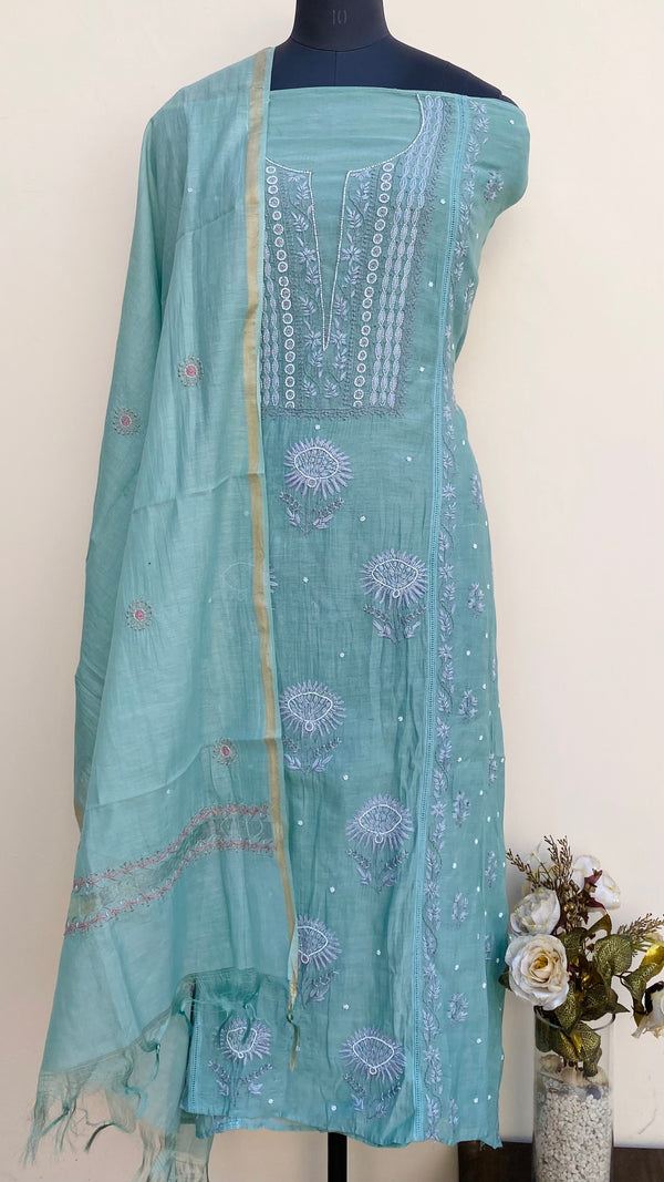 Lucknowi Chikankari Suit Length 2 Piece Teal Green Mal Chanderi With Cutdana & Pearl Work