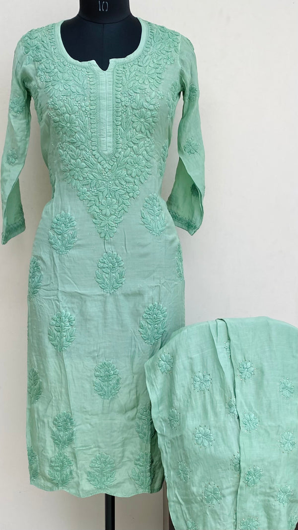 Lucknowi Chikankari Co-ord Set Green Muslin Cotton With Self 3D & Mukaish Work