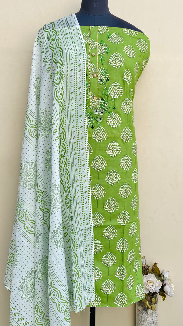 Designer Embroidered Suit Length 3 Piece Parrot Green Mal Cotton