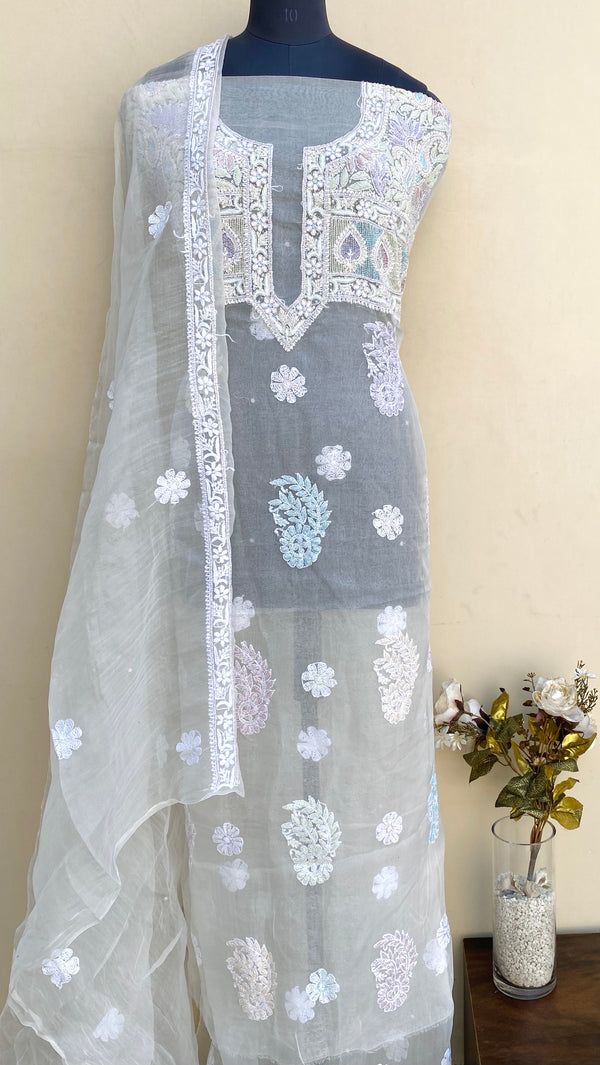 Lucknowi Chikankari Suit Length 2 Piece White Organza With Cutdana & Sequence Work