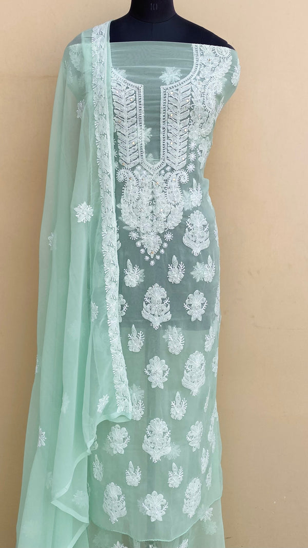 Lucknowi Chikankari Suit Length 3 Piece Sea Green Georgette With Mukaish Work