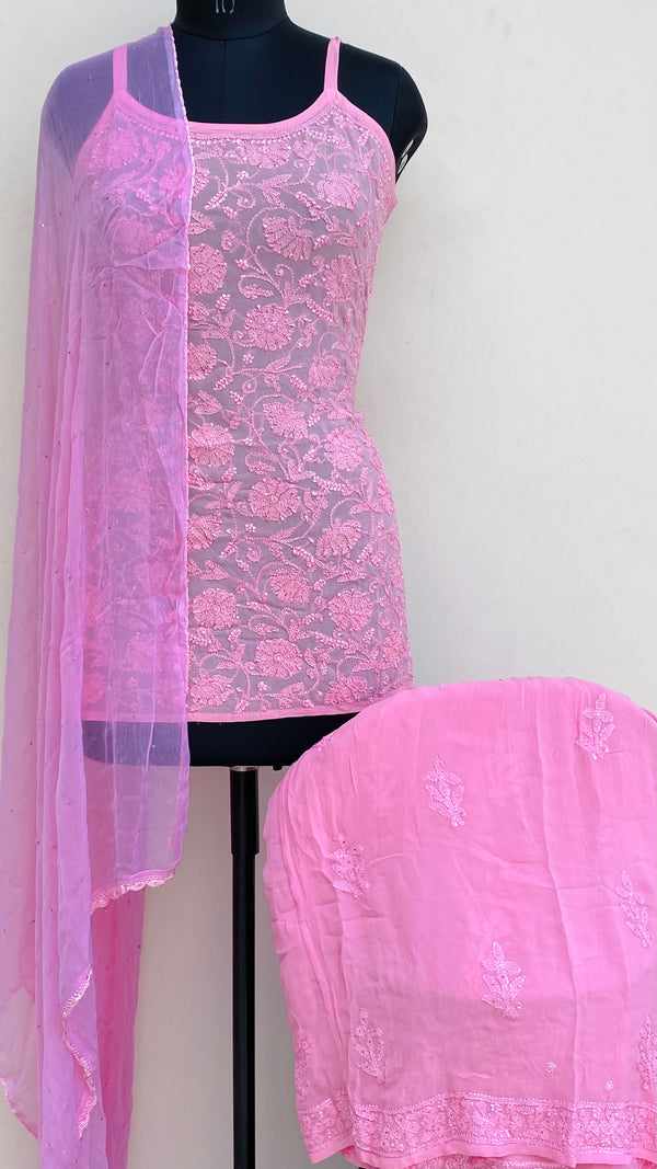 Lucknowi Chikankari Noodle Strap Co-ord Set Pink Pure Georgette With Resham & Mukaish Work
