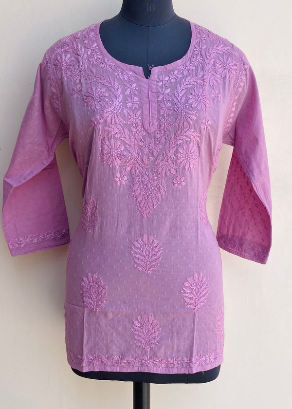 Lucknowi Chikankari Short Kurti Onion Pink Mulmul Cotton With Self Work