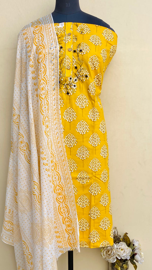 Designer Embroidered Suit Length 3 Piece Yellow Mal Cotton