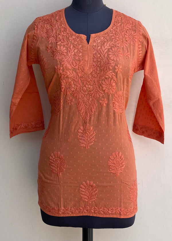 Lucknowi Chikankari Short Kurti Rust Mulmul Cotton With Self Work