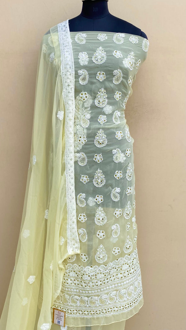 Lucknowi Chikankari Suit Length 3 Piece  Lemon Yellow Georgette With Mirror Work