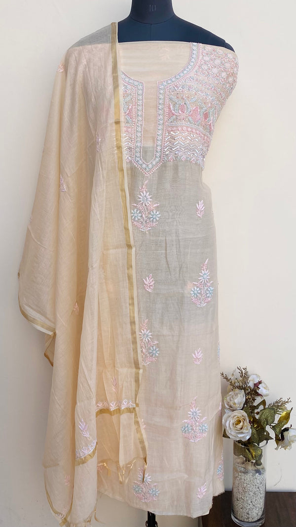 Lucknowi Chikankari Suit Length 2 Piece Peach Mal Chanderi With Cutdana & Sequence Work