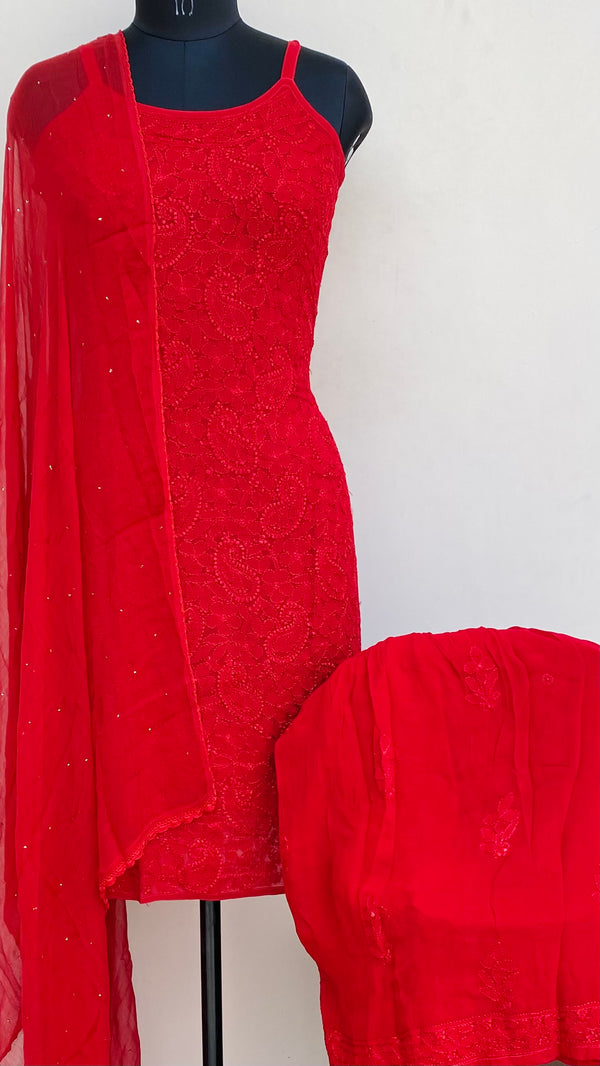 Lucknowi Chikankari Noodle Strap Co-ord Set Red Pure Georgette With Resham & Mukaish Work