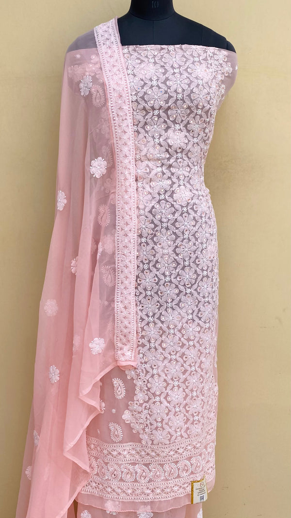 ﻿Lucknowi Chikankari Suit Length 3 Piece Peach Georgette With Mirror Work