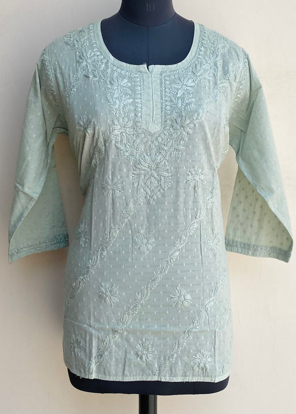 Lucknowi Chikankari Short Kurti Green Mulmul Cotton With Self Work